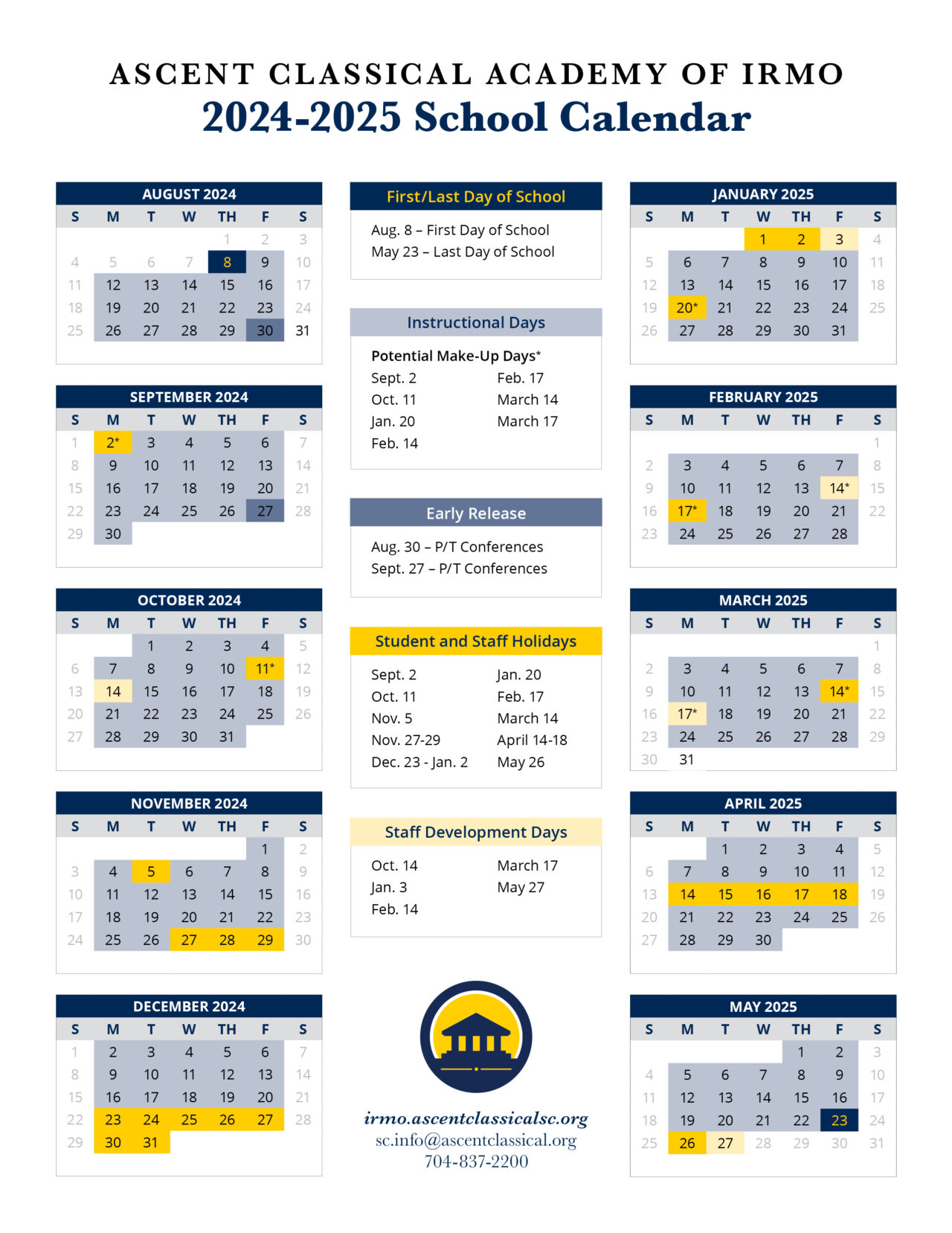 School Calendar Ascent Classical Academy of Irmo